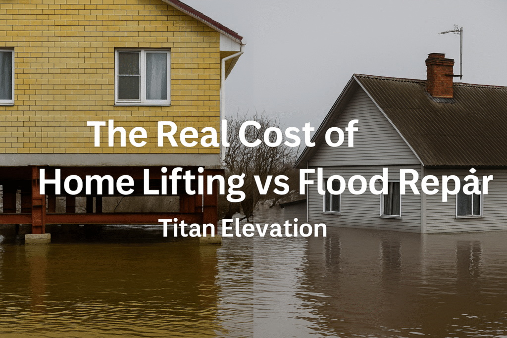 Comparison of two homes during a flood | one safely elevated above water using support beams, and another partially submerged | illustrating the benefits of home lifting vs flood repair by Titan Elevation Experts.